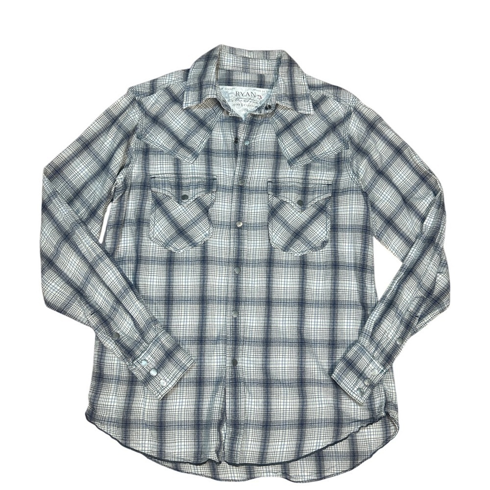 Ryan Michael Men’s Western Plaid Shirt Sz Small Silver Snap Blue Gray Cotton